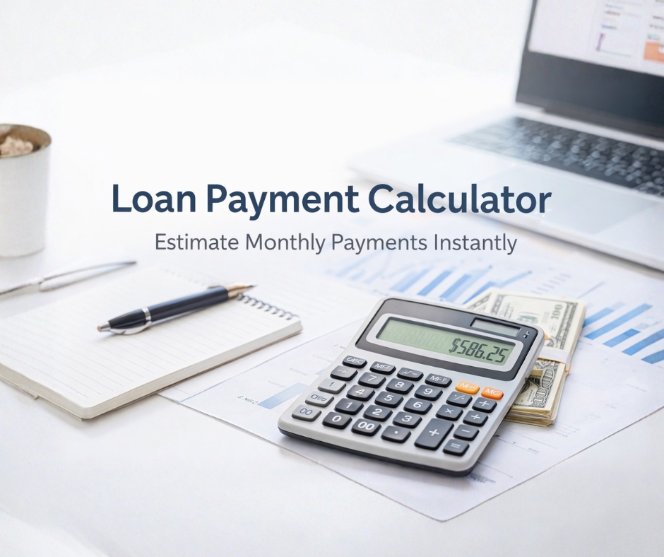 Loan payment calculator on desk with calculator and financial documents estimating monthly loan payments