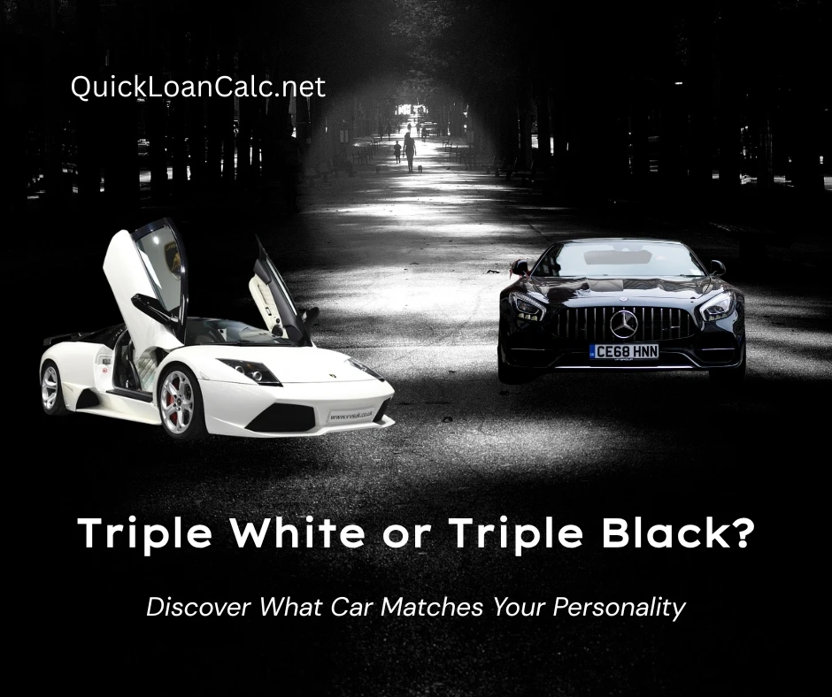 Triple White vs Triple Black luxury car comparison with white Lamborghini and black Mercedes in a night setting, car personality quiz concept