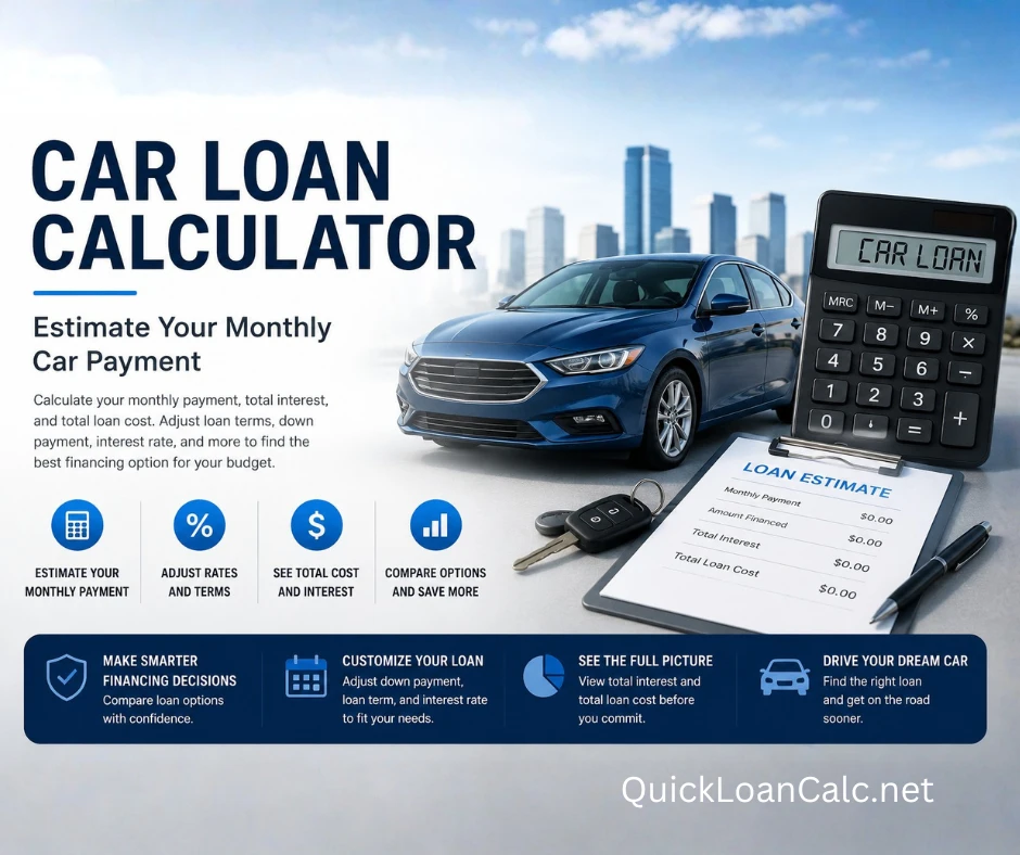 Car loan calculator cover graphic showing a blue sedan, calculator, and vehicle financing estimate for monthly car payments and total loan costs.