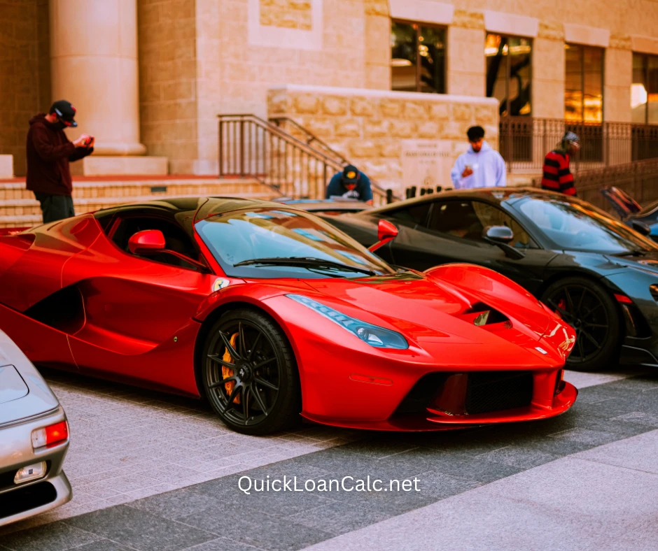Red exotic sports car parked in a luxury setting representing vehicle affordability and car budget planning for high-performance vehicle purchases.