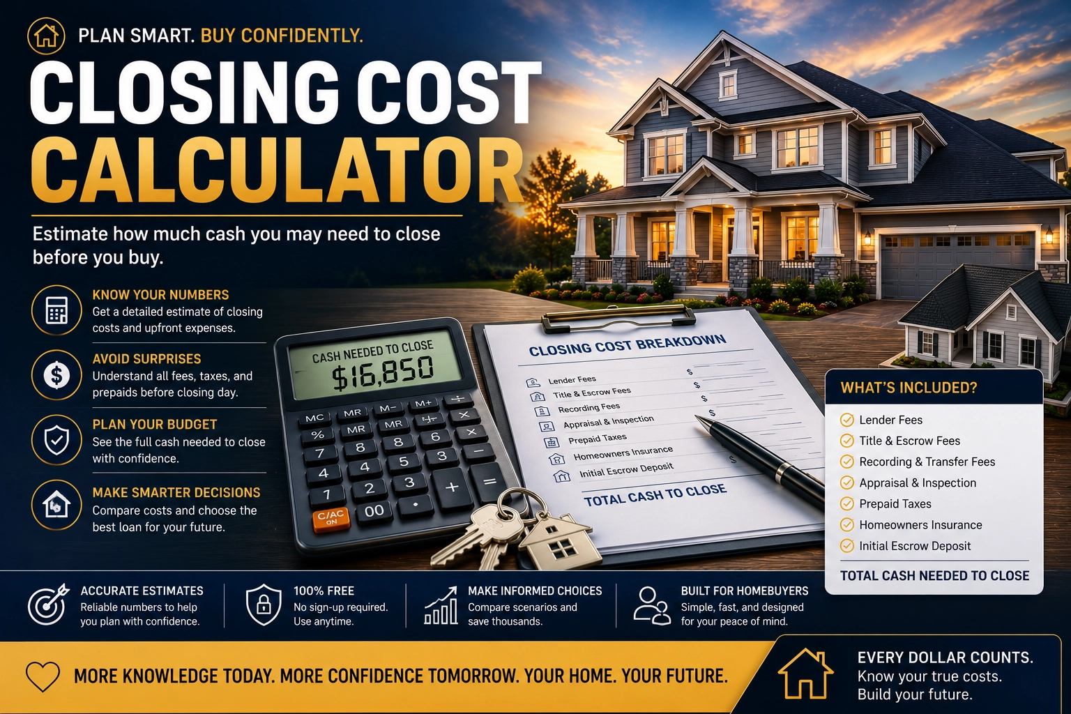 Luxury home with calculator, closing cost breakdown sheet, house keys, and real estate financial documents representing closing costs and cash needed to close on a home purchas