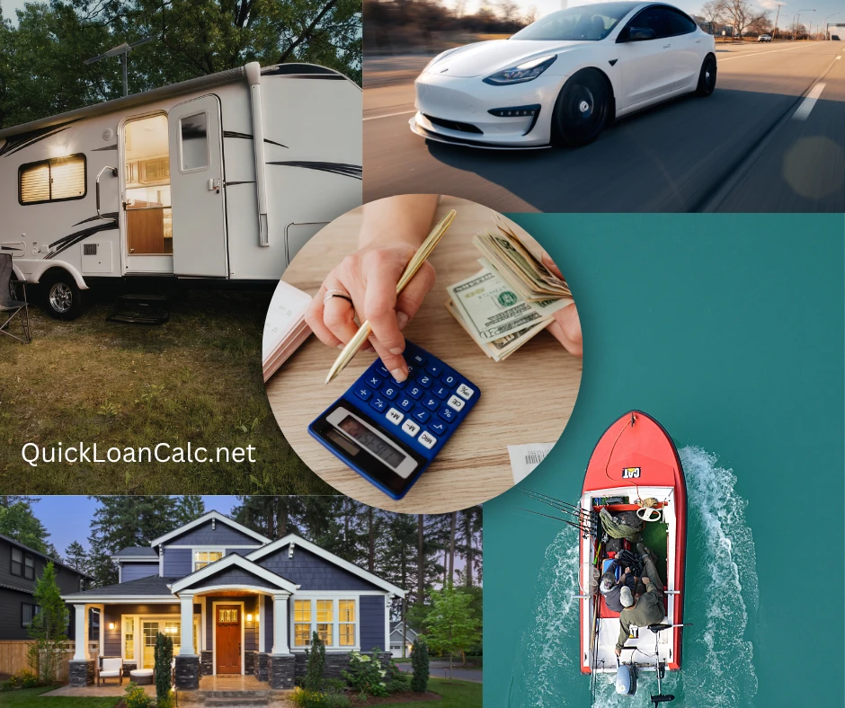 Down payment calculator cover image featuring a home, Tesla car, RV camper, boat, and financial calculator representing vehicle, home, and recreational loan down payments.