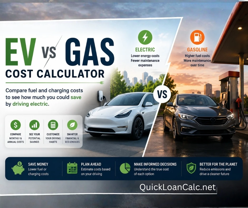 EV vs gas cost calculator comparison graphic showing electric vehicle charging versus gasoline fuel costs with savings and cost comparison features.