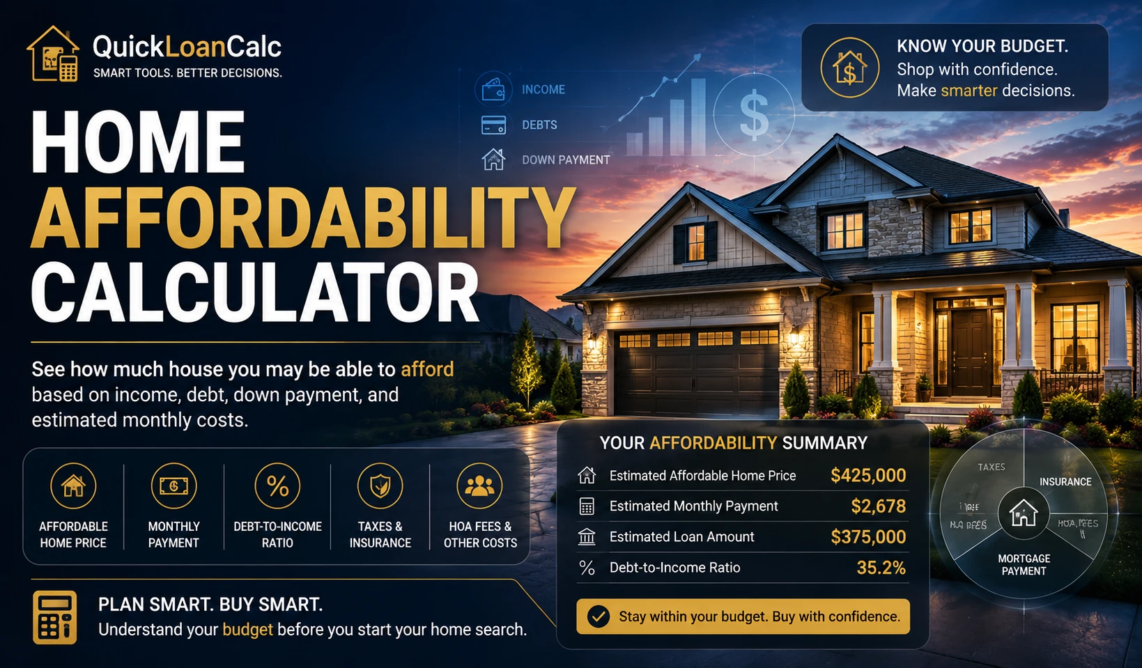Modern luxury home representing a home affordability calculator used to estimate mortgage payments, debt-to-income ratio, taxes, insurance, and monthly housing costs.