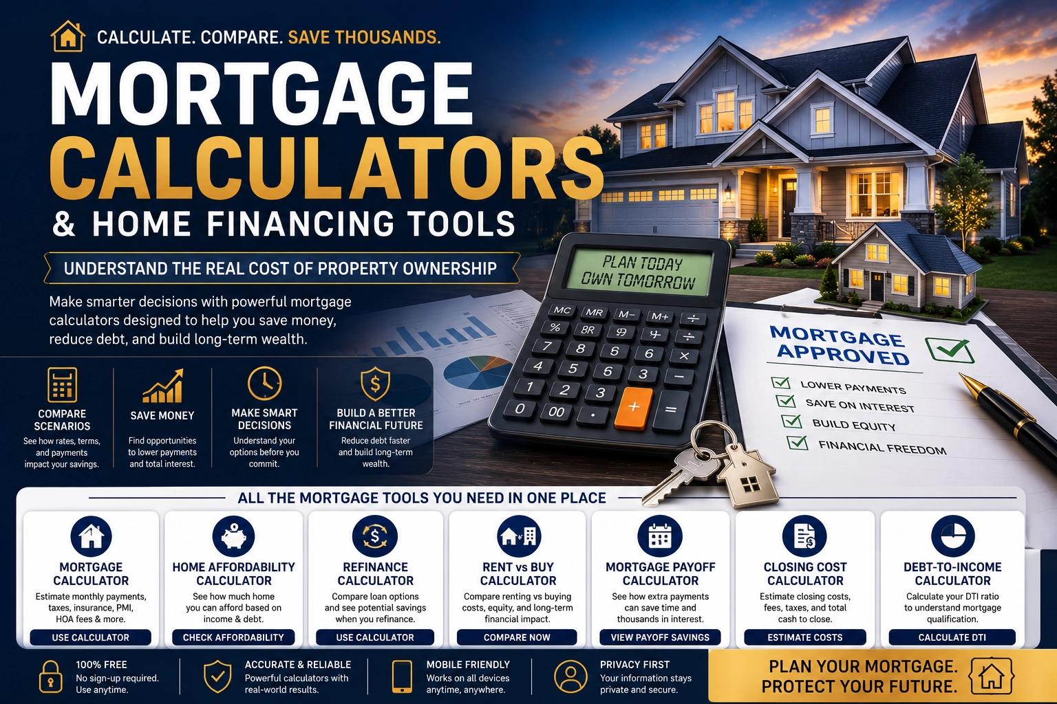 Luxury home with mortgage calculator, financial charts, house keys, refinance tools, and home financing comparison graphics representing mortgage calculators and property ownership costs.
