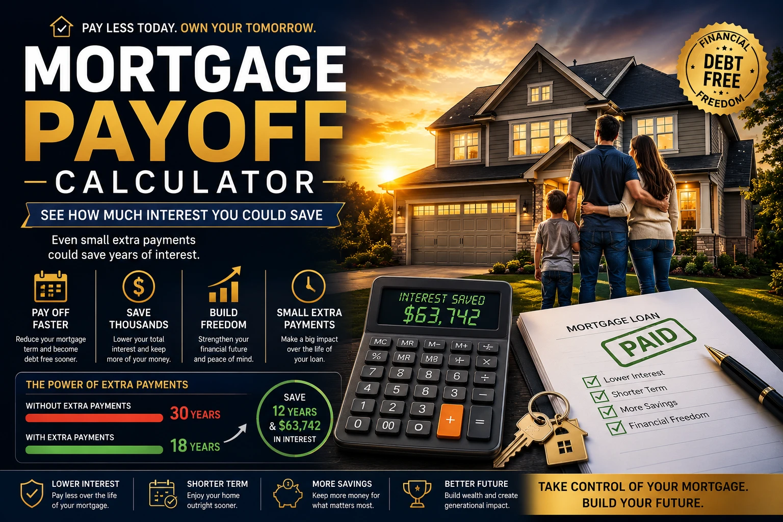 Mortgage payoff calculator cover showing a family in front of a home, calculator with interest savings, mortgage loan paid document, and financial freedom visuals.