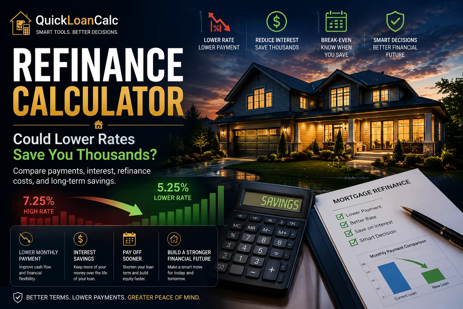 Modern luxury home with refinance calculator financial overlay representing lower mortgage payments, reduced interest rates, refinance savings, and long-term loan comparisons.