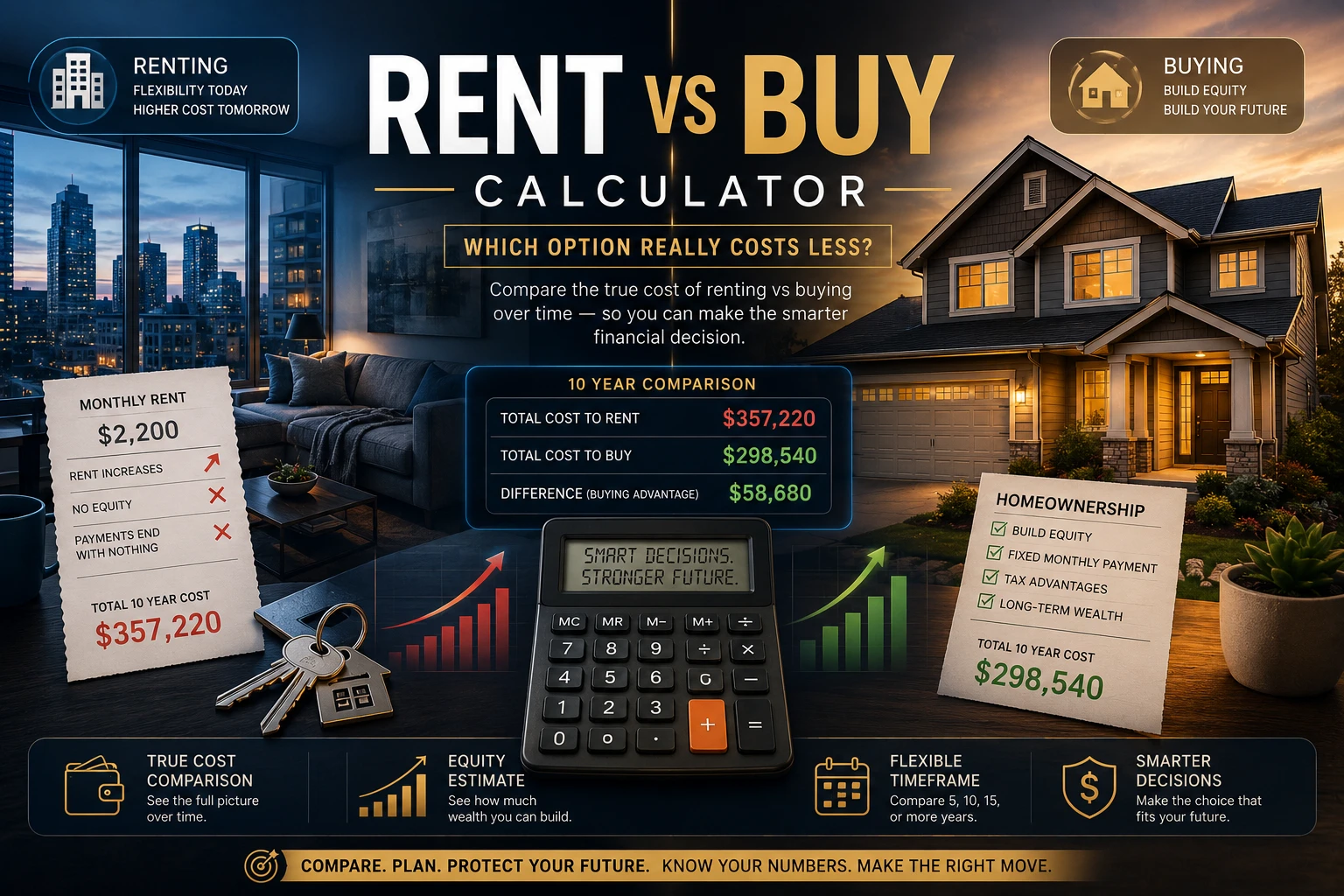 Split-screen comparison of apartment renting versus home ownership with financial charts, calculator, and cost comparison visuals representing long-term housing costs and equity.