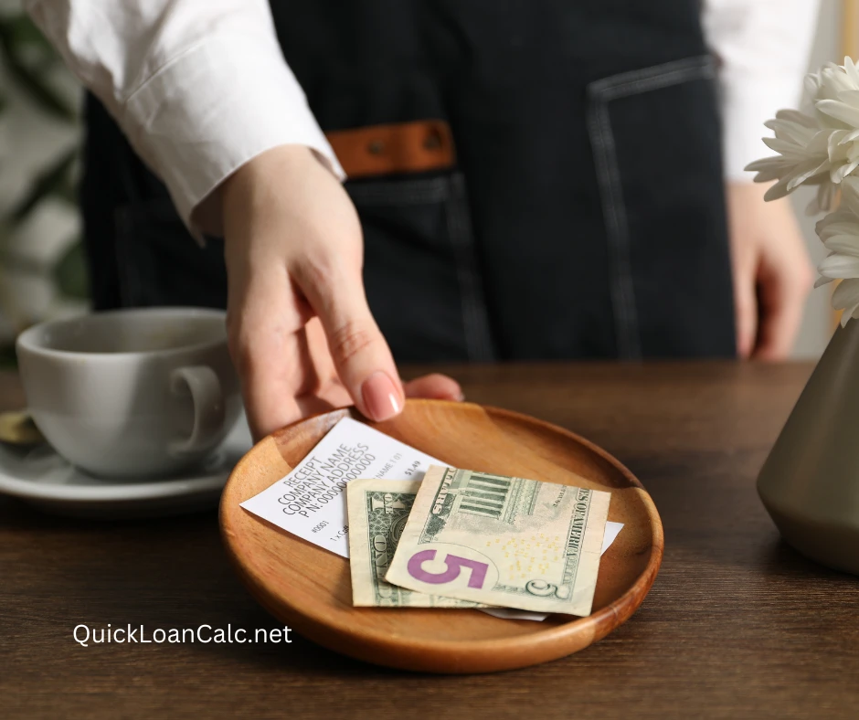 Restaurant customer leaving cash tip on a receipt tray during a dining experience for a tipping personality quiz