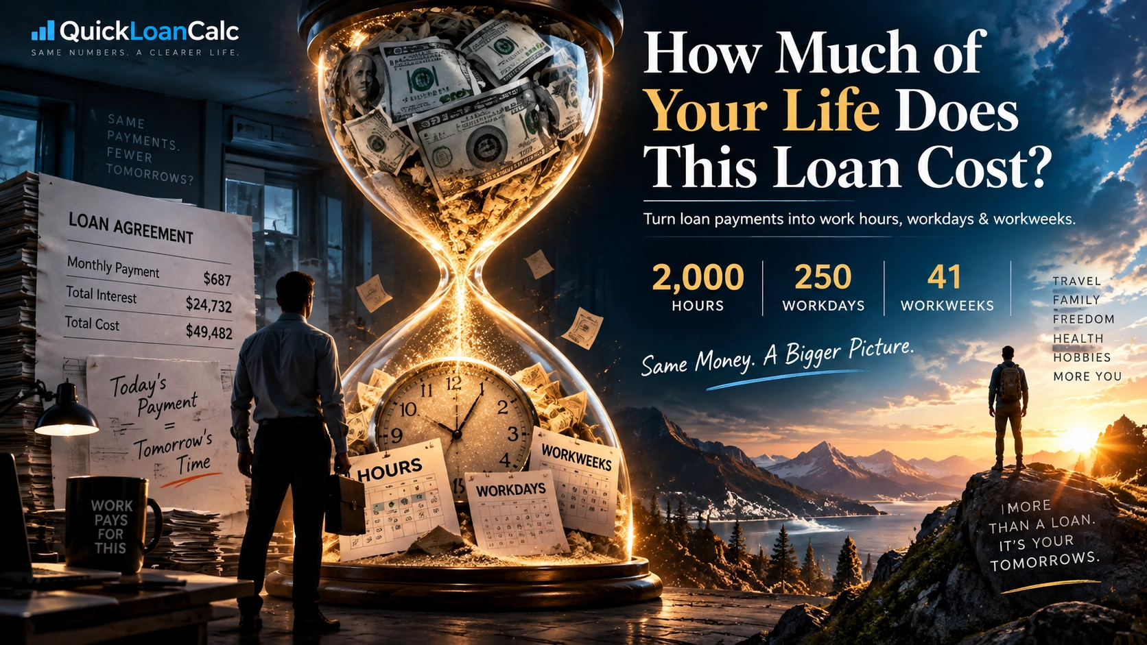 Loan Life Cost Calculator converting loan payments and interest into work hours, workdays and workweeks